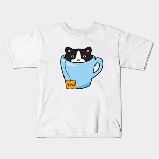 Cute tuxedo cat sitting in a cup of tea Kids T-Shirt